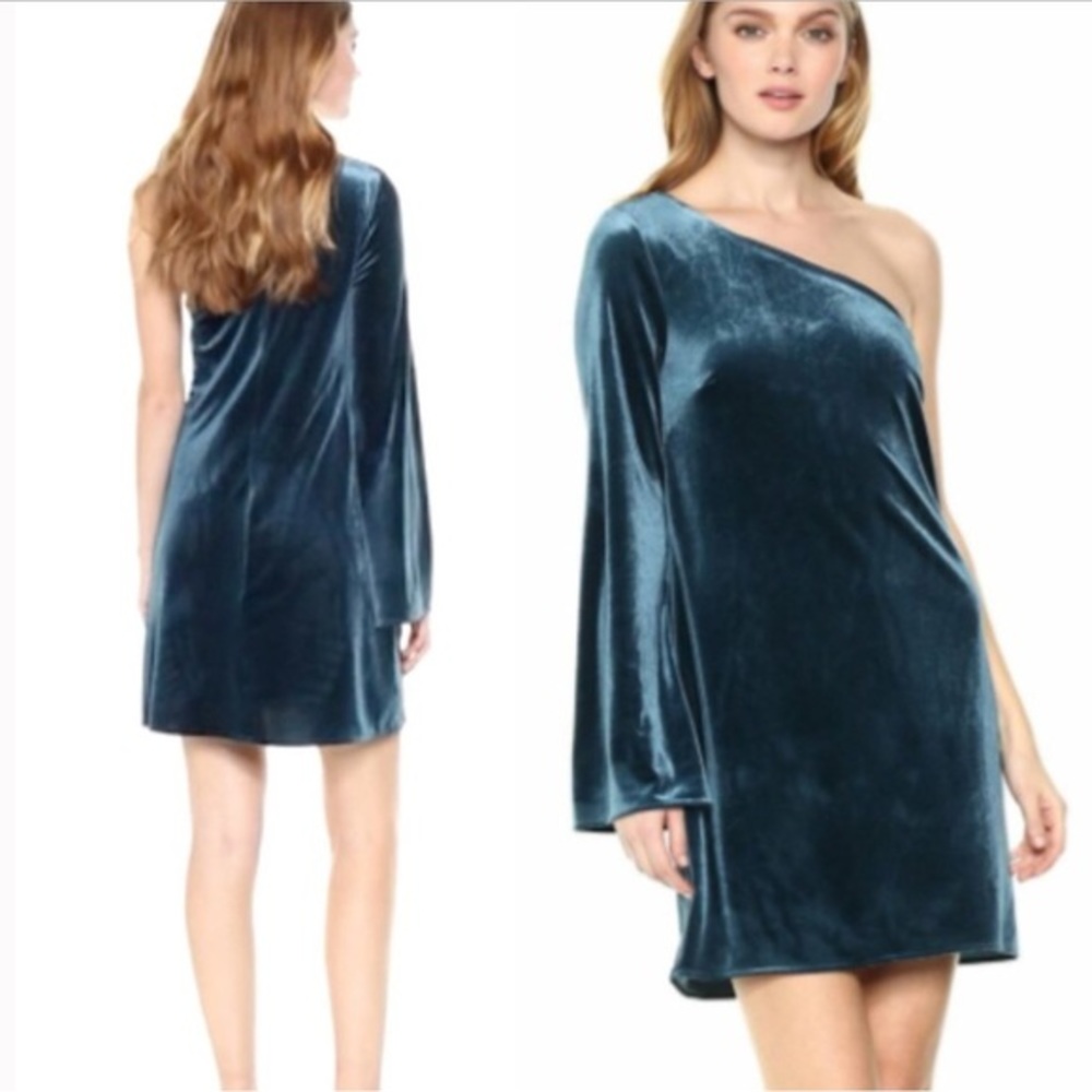 NWOT FRENCH CONNECTION Velvet Mini Dress Blue One Shoulder Wide Sleeve 6